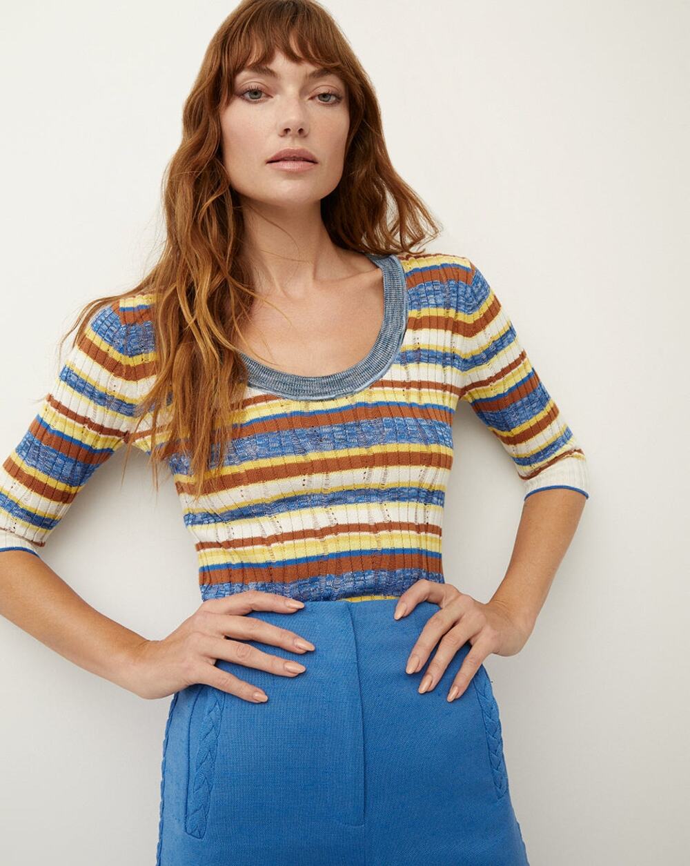 NWT Veronica Beard Stripe Chantal Scoop Neck Ribbed Sweater Yellow Blue Size XL